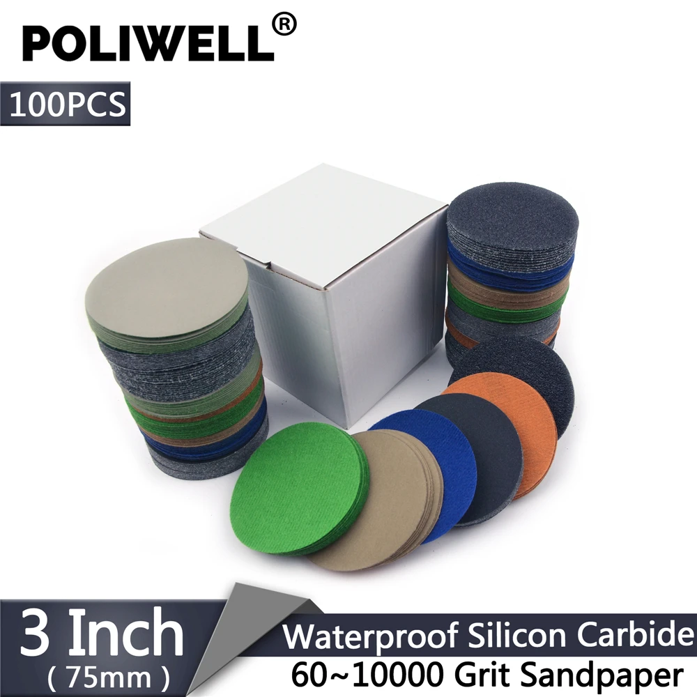 Poliwell 100pcs 3 Inch 75mm 6010000 Grit Flocking Sanding Paper Wet