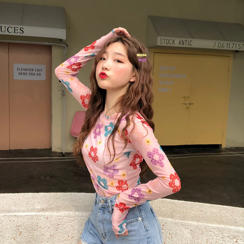多色セクシーなかわいいデイジー花グラフィックプリントロングスリーブスリムレースティーメッシュカジュアルかわいいトップ Tシャツ Tシャツ韓国女性 T Shirts Aliexpress