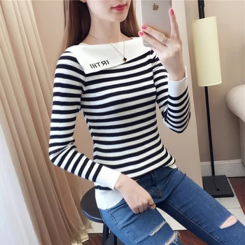

2020 Spring Slash neck pullover Ladies Slim Jumper knit letter Embroidery Long Sleeve Sweater Blue White Striped Ruffles Sweater
