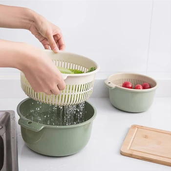 

Kitchen Drain Basket Bowl Rice Washing Colander Basket Food Strainer Noodles Vegetable Sink Fruit Tray Double Storage Organizer