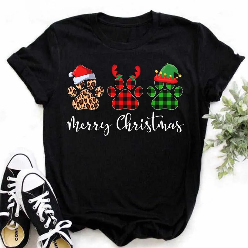Camiseta Maycaur para mujer, divertida camiseta con estampado de patas de perro, camisetas de moda con dibujos animados de Feliz Navidad, camisetas de Año Nuevo y Feliz Navidad 483_voghion.com