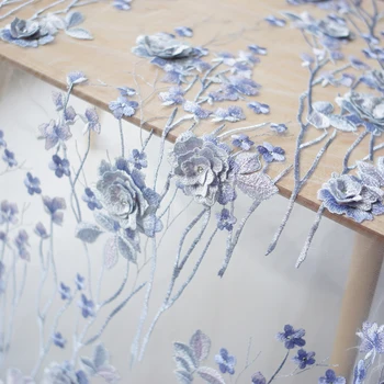 

W81 original high-definition three-dimensional embroidery flowers rhinestones positioning soft flowers mesh lace fabric blue