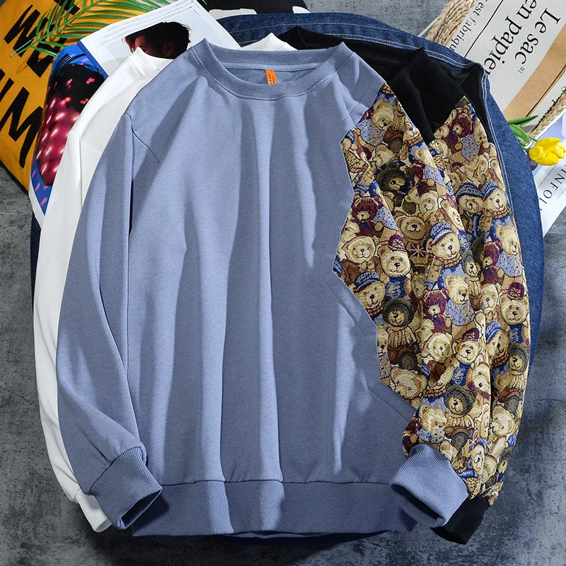 Fall 2021new Patchwork Bear Embroidery Long-Sleeved Shirt Loose Men Clothing 2