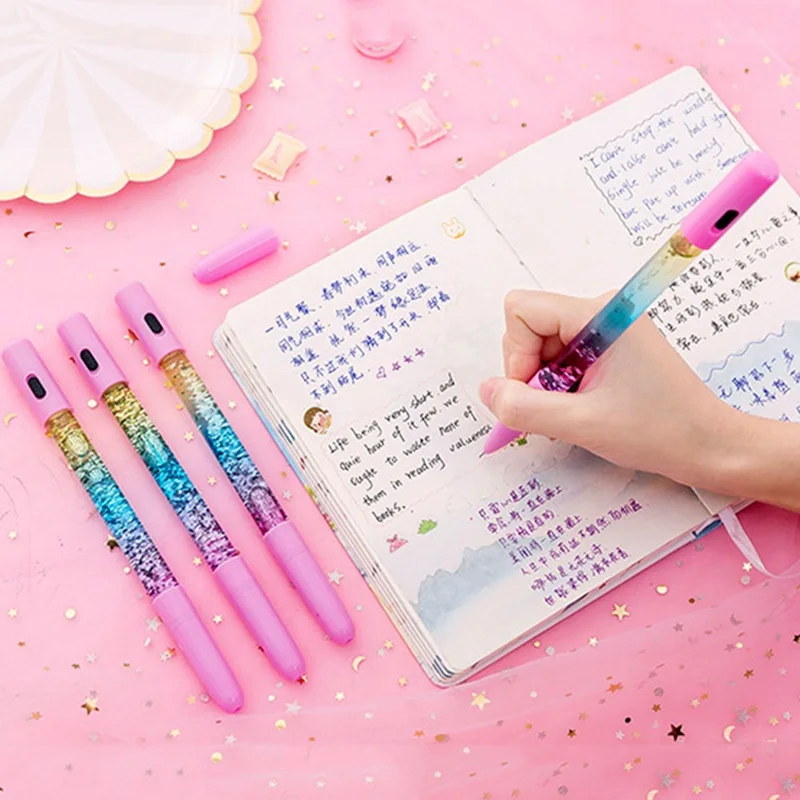 1Pc Glitter Cute Pen Liquid Color Kawaii Light Gel Pens Crystal Pen Office Writing Cute Stationery Gift Random Style