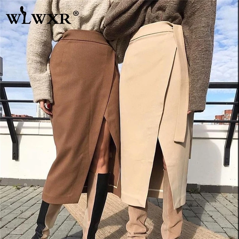 WLWXR, повседневные женские макси юбки из искусственной кожи, с разрезом, с поясом, белая сексуальная облегающая юбка, Женская длинная юбка с высокой талией