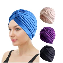 

Elastic Stretchy Satin Cross Ruffle Beanies Turban Hat Cancer Cap head scarf Muslim Hijabs Bottom Cap Bandanas Lady Hair Hats