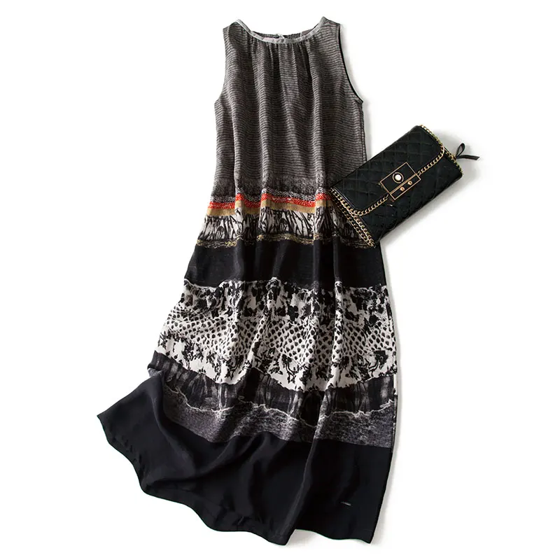 Оригинальное Черно-серое платье без рукавов sufeng с большим карманом, шелковое платье
