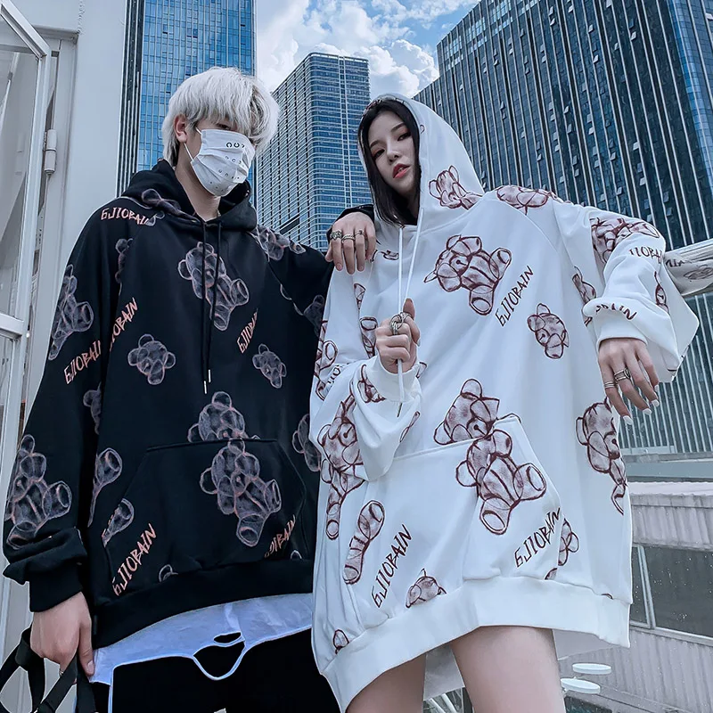 Осень зима дропшиппинг медведь печать толстовка мужская пара Harajuku ретро досуг Молодежный тренд дизайн толстовка