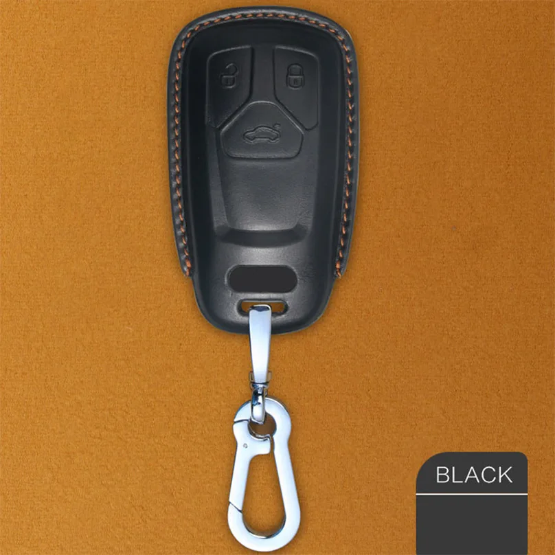 Black Автомобильный Чехол ручной работы из натуральной кожи для ключей для Audi New Q7 TT A4 B9 A7 датчик температуры выхлопных газов TDI Quattro TTS Sline умный ключ защиты - Название цвета: Black