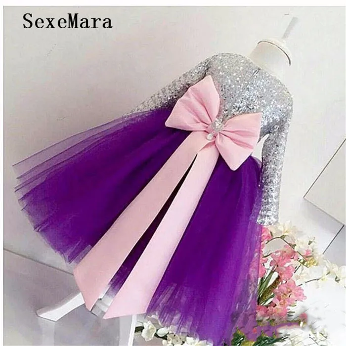 Bling Zilveren Pailletten Top Paars Tulle Meisje Jurk Kindje Verjaardag Party glitz pageant jurken baljurken voor Kinderen Avond Bling Zilveren Pailletten Top Paars Tulle Meisje Jurk Kindje Verjaardag Party glitz pageant jurken baljurken voor Kinderen Avond