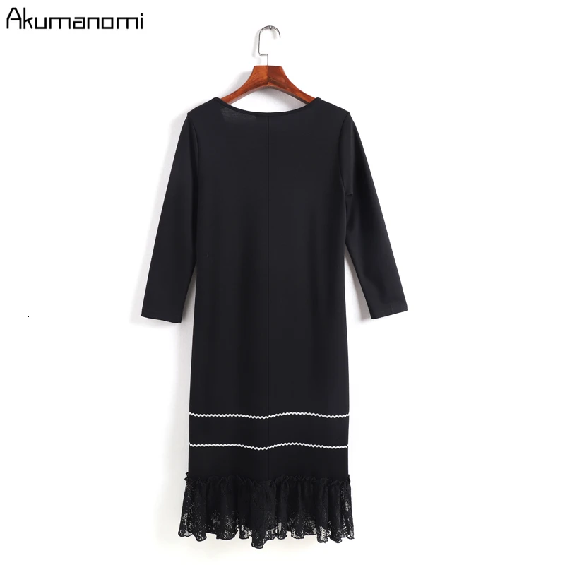 Autumn Lace Patchwork Dress Women Plus Size 5xl Casual Black V-neck Three Quarter Sleeve Spring Office Party Dress Vestidos Robe