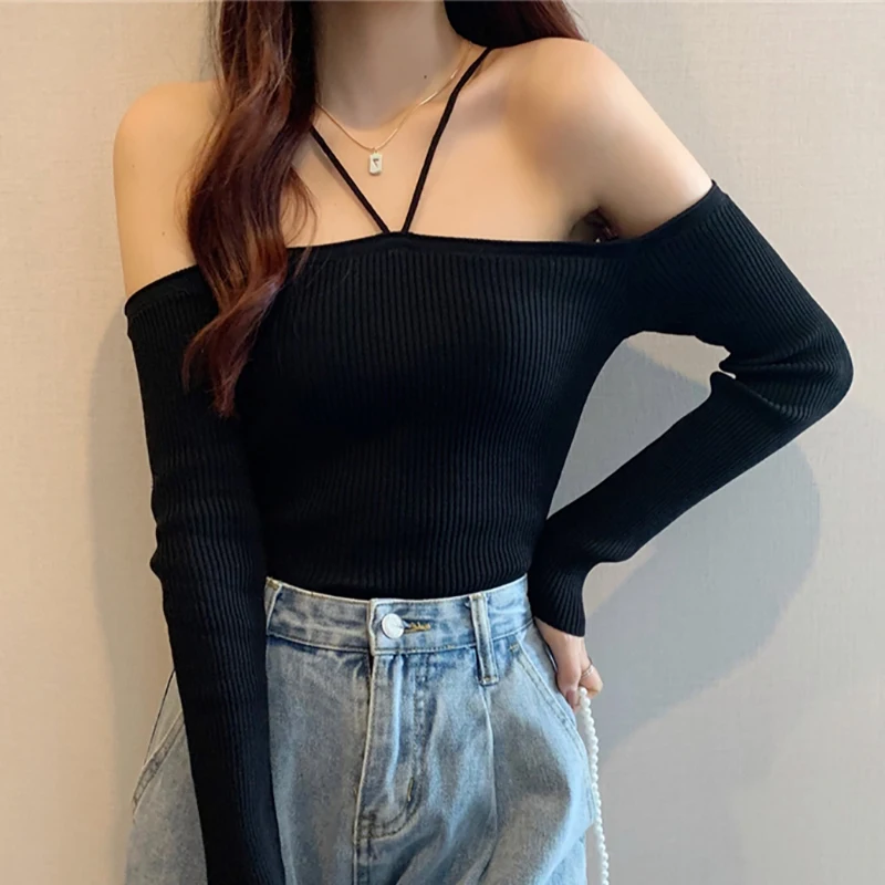 Without Shoulder Knitted Tshirt Women 