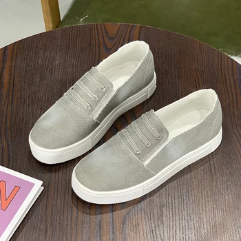 

Gray Denim Flats Vulcanized shoes Womens Loafers Casual Summer Breathable Fashion canvas Elastic Band Round Toe Platform
