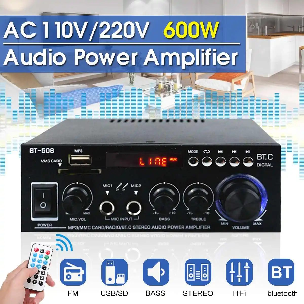 

600w Home Amplifiers Audio bluetooth Amplifier Subwoofer Amplifier Home Theater Sound System Mini Amplifier Professional