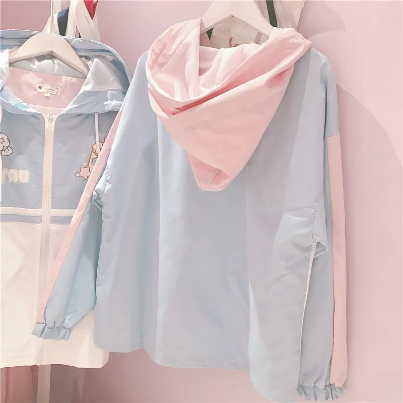 Harajuku Mori Girl Лоскутная Свободная куртка на молнии с мультяшным принтом осеннее