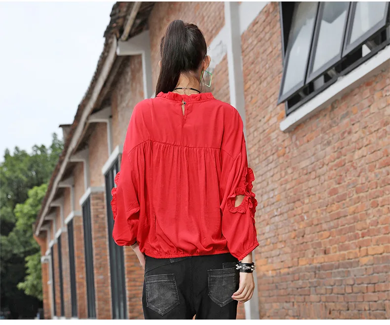 Vefadisa Hollow Out Long Sleeve T-shirt Fungus Patchwork Women T-shirt 2020 Autumn Plus Size Women T-shirt Black Red QYF3671
