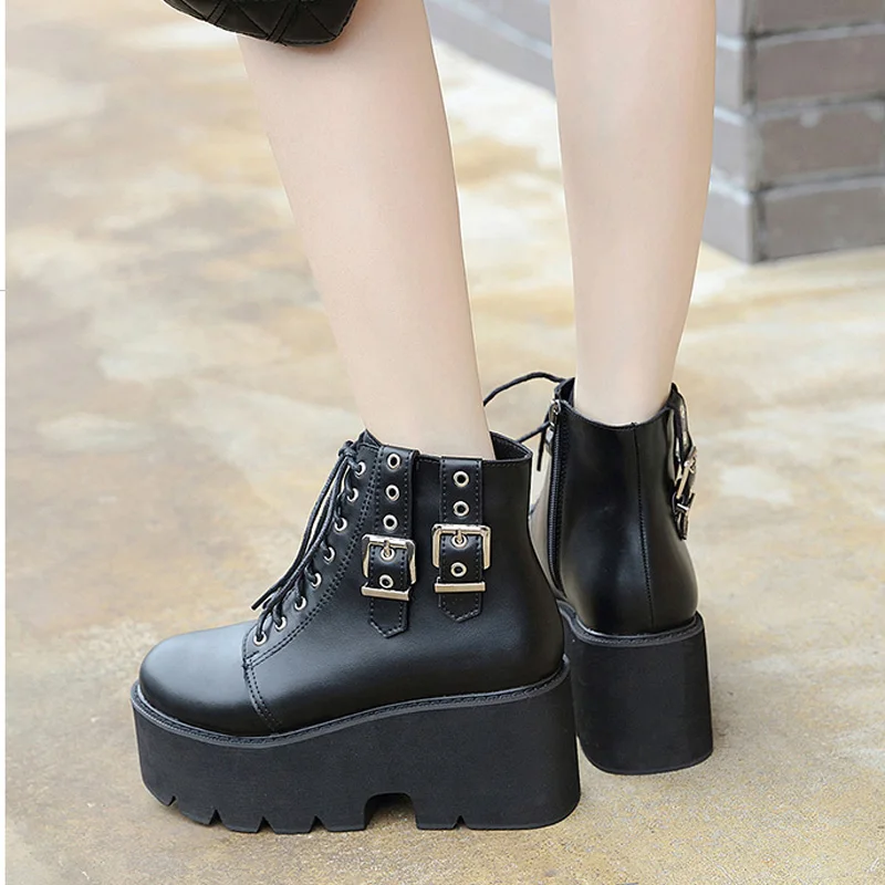 

winter Autumn Womens Boots Platform Wedges Fashion Buckle Black Gothic Chunky Ankle Boots Thick Bottom fall boots YMB258