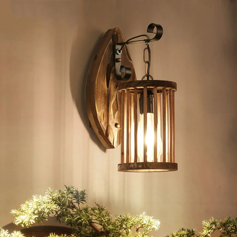 

American Country Retro Industrial Wood Wall Light Bar Restaurant Aisle Corridor Wall Lamp Bedside Solid Wooden Art Sconce