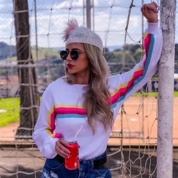 

Women Sexy Knitwear Vest O-Neck Stripe Sweater Camisole Rainbow Top Sweters Women