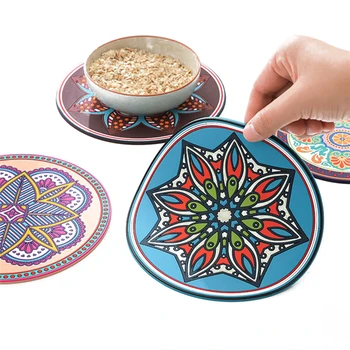 

New Coasters for Drinks, Boho Style Round Wipe Clean Coasters Placemats for Kitchen Table, waterproof and high temperature pads