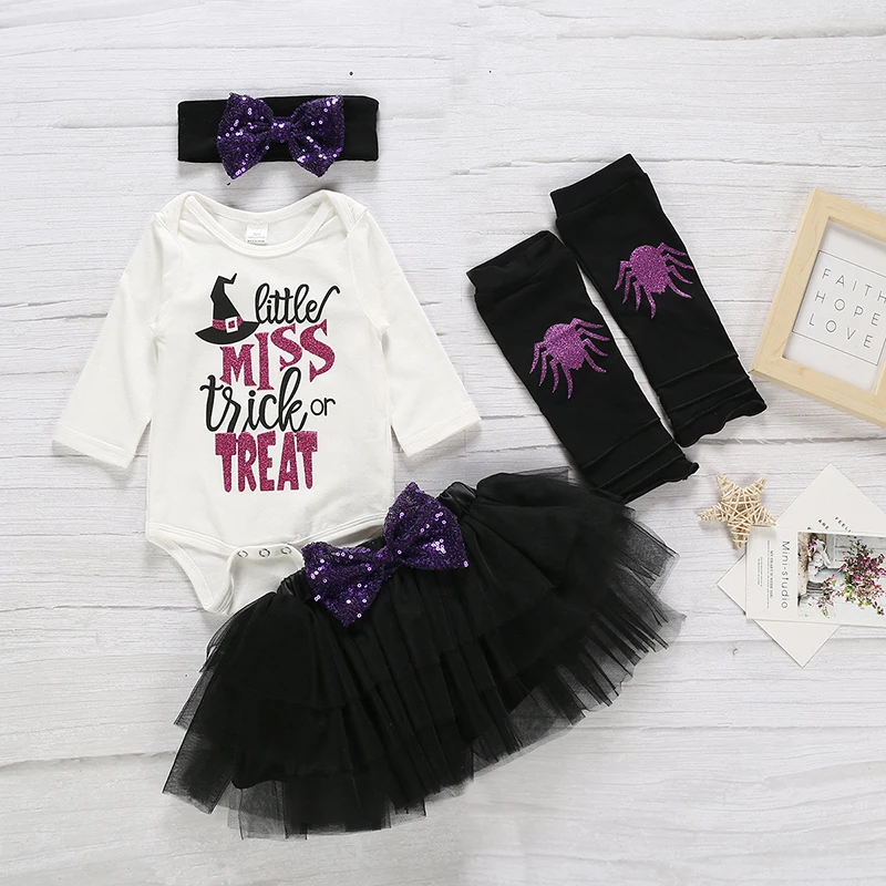 

Baby Girl Halloween Outfits Letter Print Romper+Sequins Bow +Chiffon Tutu Skirt+Leg Warmers+ Headband 4Pcs Clothes Set