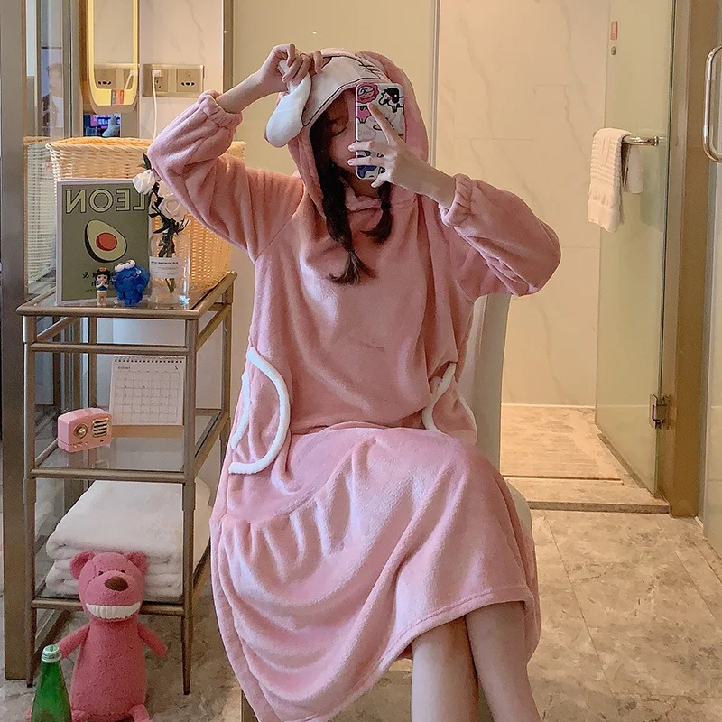 

Coral Velvet Nightgown Women's Autumn & Winter Sweet Cute Long over-the-Knee Princess Style Winter Flannel Pajamas Tracksuit