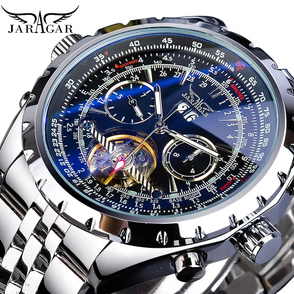 

Jaragar Tourbillon Mens Watch Automatic Self-Wind Black Luminous Hands Calendar Stainless Steel Belts Mechanical Steampunk Clock