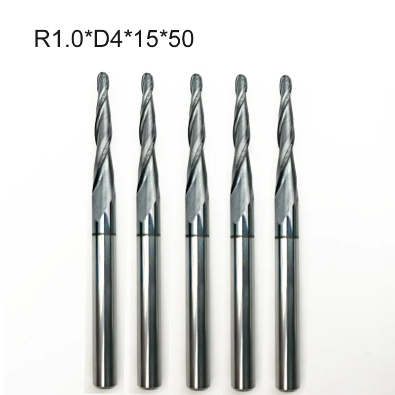 

10pcs HRC55 R1.0xD4x15x50mm Tungsten carbide Tapered Ball Nose end mill CNC 3D engraving router bits milling cutter wood metal