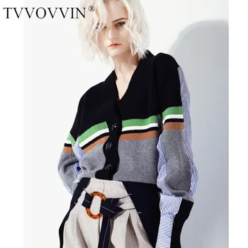 

TVVOVVIN Autumn Winter Women's Contrast Color Stitching Knitted Shirt Striped Fake Two-piece Cardigan Single-breasted A987