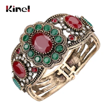 

Kinel Boho Charm Cuffs Bracelet Bangle For Women Oval Red Stone Crystal Flowers Love Retro Bracelet Turkish Jewelery