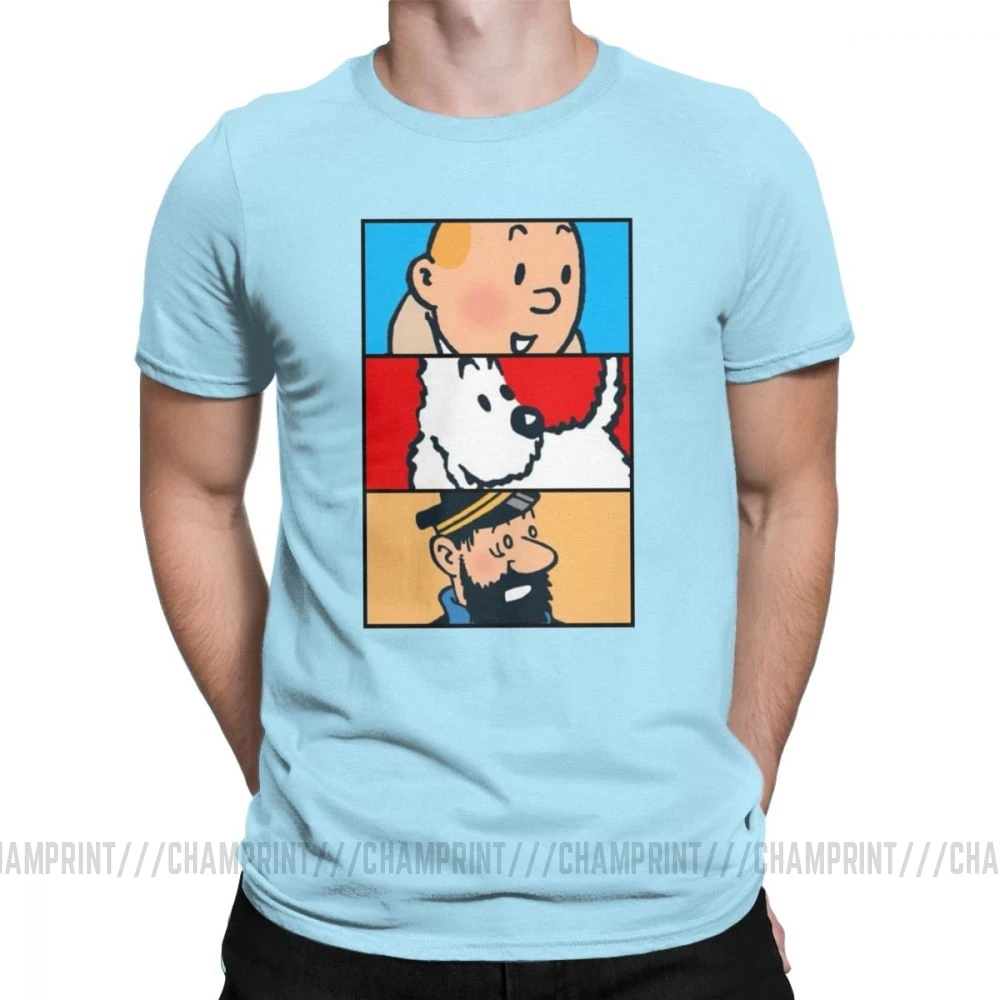 Футболка Tintin Milou Haddock The adventures Of Tintin для мужчин, хлопковая футболка с короткими рукавами, одежда 4XL 5XL 6XL - Цвет: Небесно-голубой