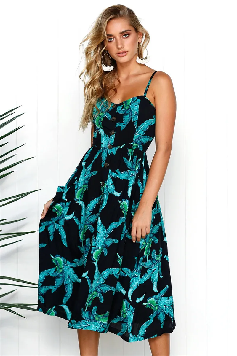 

Print Women Summer Dress Spaghetti Strap Front Buttons Backless Plus Size Dress Sexy Beach Dress Holiday Women Clothes Vestidos