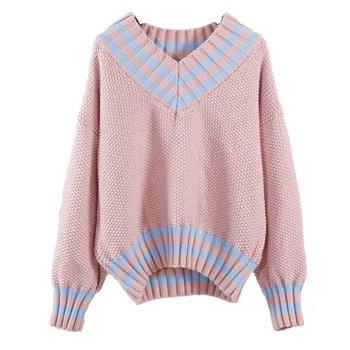 

Autumn Winter Female Pullovers V Neck Casual Long Sleeve Fashion Sweet Loose Sweater For Women Warm Knitted Jumper #2019.8.5