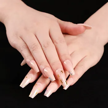 

24pcs Skin Color Foil Gold Ballet Fake Nails press on Trapezoid Colorful Diamond Long Style Wearable Ornaments Manicure nails