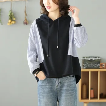 

2020 Spring Stitching Hooded Hoodies With Hat Female Casual Loose O Neck Tees And Pullovers For Women