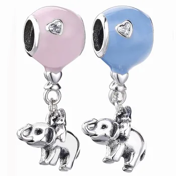 

New 925 Sterling Silver Bead Charm Elephant dangling Pink & Blue Enamel Balloon Pendant Beads Fit Pandora Bracelet Diy Jewelry