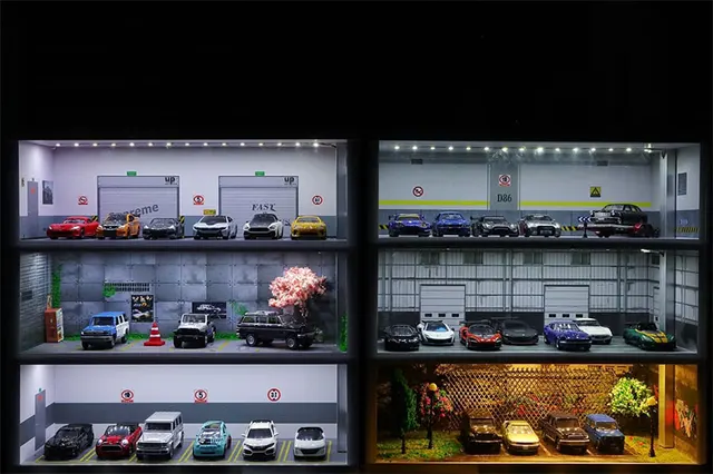 1:64 Scale Diorama Alloy Car Model Parking Lot 3/4/5 Layer PVC Garage Scene With LED Light Storage Box Theme Display Cabinet 1