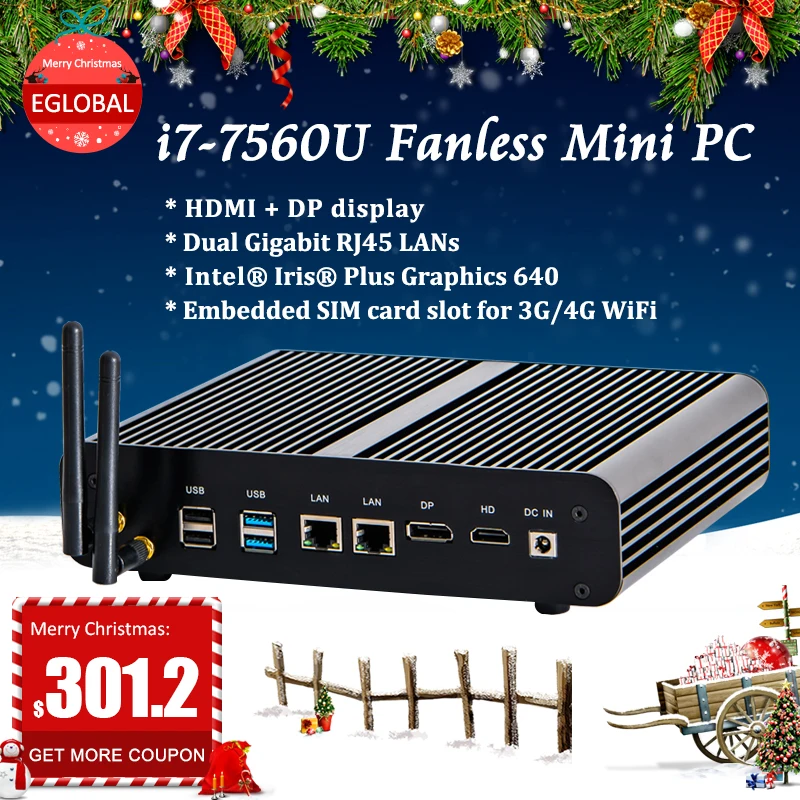 Eglobal Fanless Mini computer intel core i7 7560U low power portable HTPC VGA HDMI Dual Lan 1