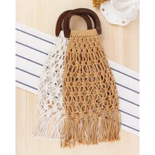 

Wooden Handle Hand Holding Net Pocket Straw Bag Cotton String Hand Woven Beach Women Handbags Crochet
