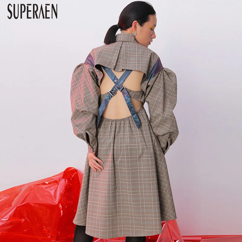 SuperAen/Новинка года; осеннее женское платье с длинными рукавами; хлопковое женское платье из двух частей; модная клетчатая Женская одежда с пышными рукавами