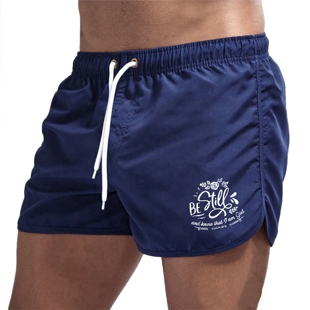 Summer Men's Beach Shorts Letter Printed Fitness Sports Casual Elastic Waist Drawstring Male Board Short Pants S-3XL Blue