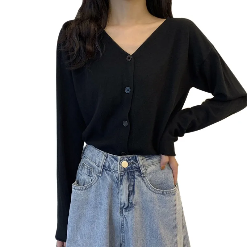 

Casual Sweater Pure Color v-Neck Loose Sweaters Versatile Short Knit Cardigan Jacket Top Free Size Vetements Femmes