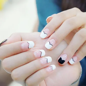 

24pcs/boxed Black and White mix color full cover fake french nails Finished products acrylic artificial nail with glue for girls