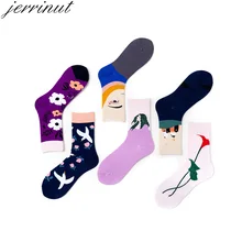 Jerrinut, женские хлопковые мягкие милые носки с принтом, весна-осень, повседневные счастливые носки, Kawaii, модные носки с растительным узором, 1 пара