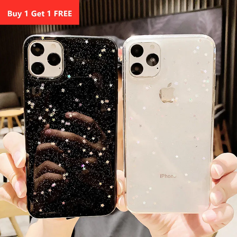 Phone Case For iPhone 11 Pro X XR XS Max 7 8 6 6s Plus Glitter Stars Moon Sequins Love Heart Soft Clear Silicone Cover |