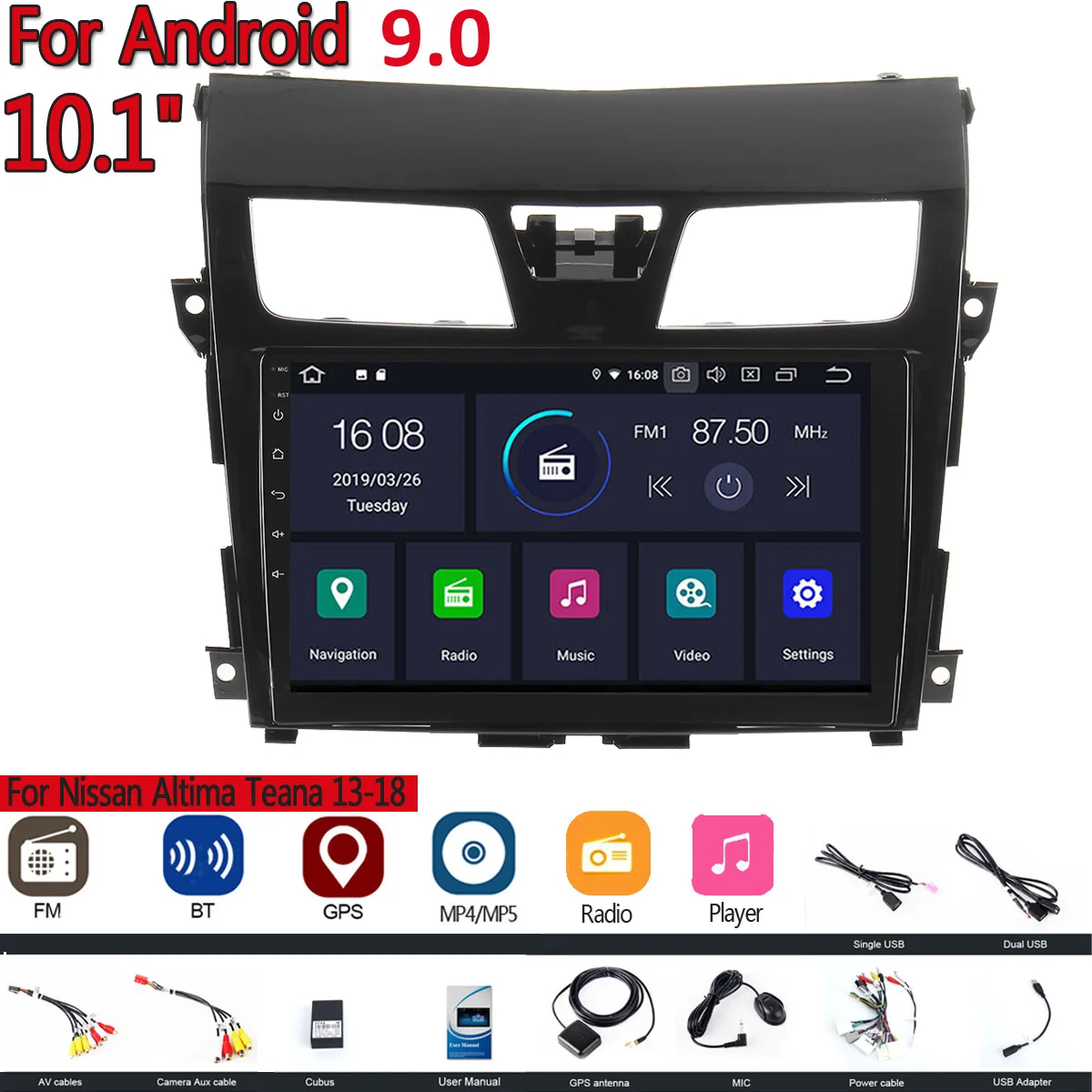 

YUEHOO 10.1 Inch 2 DIN Android 9.0 Car Stereo Multimedia MP5 Player GPS WIFI FM AM Radio For Nissan Altima Teana 2013-2018