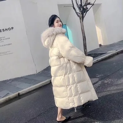 Зима, стиль, белая куртка на утином пуху, женское длинное плотное Свободное пальто с большим меховым воротником, зимнее пальто с капюшоном выше колена
