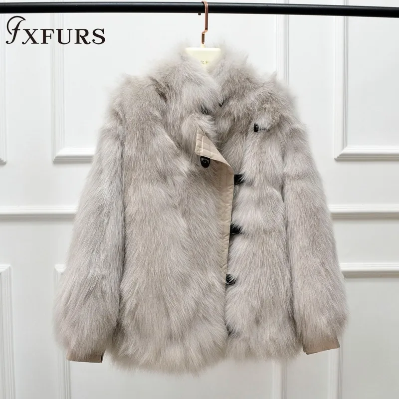 FXFURS Новое Женское пальто из лисьего меха зимняя мода jexxi высокое качество с лисьим мехом кожаный воротник - Цвет: beige grey