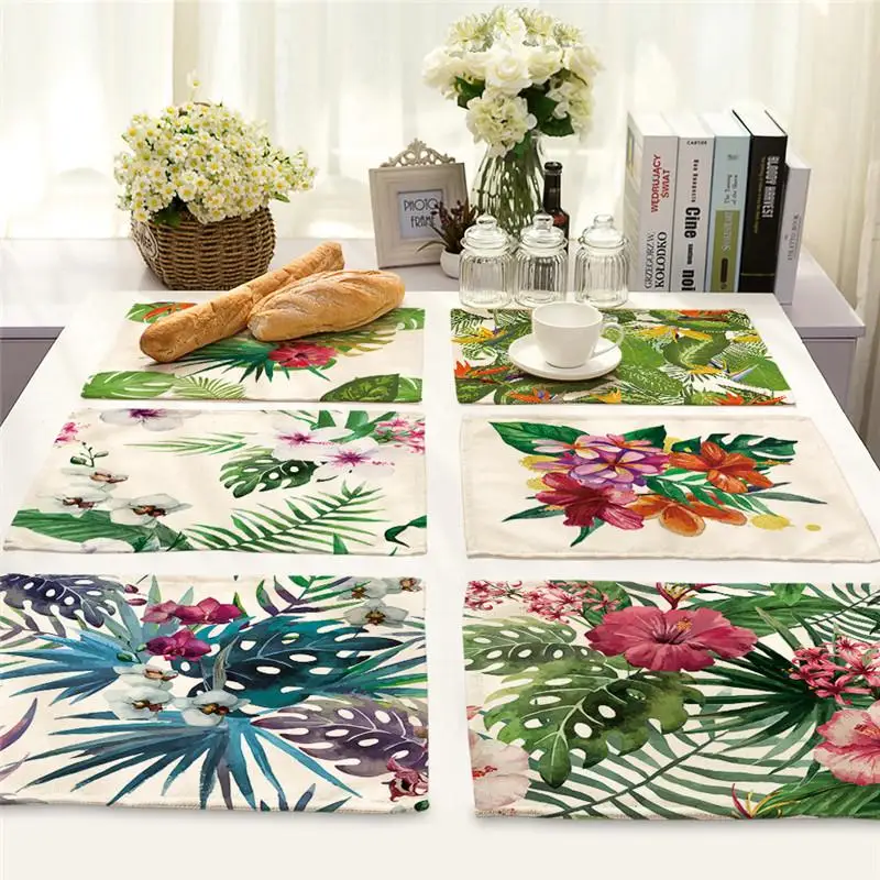 5 1Pcs Tropical Plant Monstera Pattern Placemat Coaster Dining Table Mats Cotton Linen Pad Bowl Cup Mat 42*32cm Home Decor | Дом и сад
