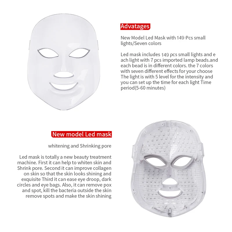 Светодиодный маска для лица, 7 цветов, светодиодный светильник, тушь для ресниц, для лица, радиочастотная маска для ухода за кожей, фотонная терапия, омоложение кожи, корейский уход за кожей светодиодная маска